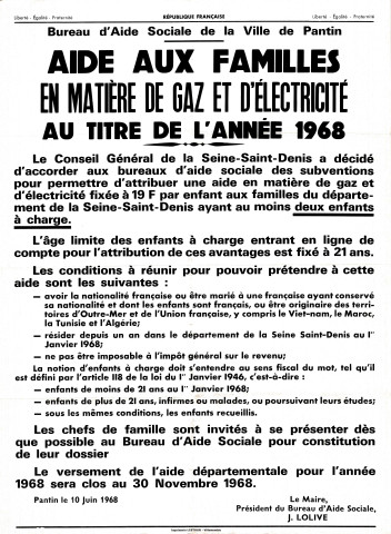 Aide aux familles en matière de gaz et délectricité : affiche.