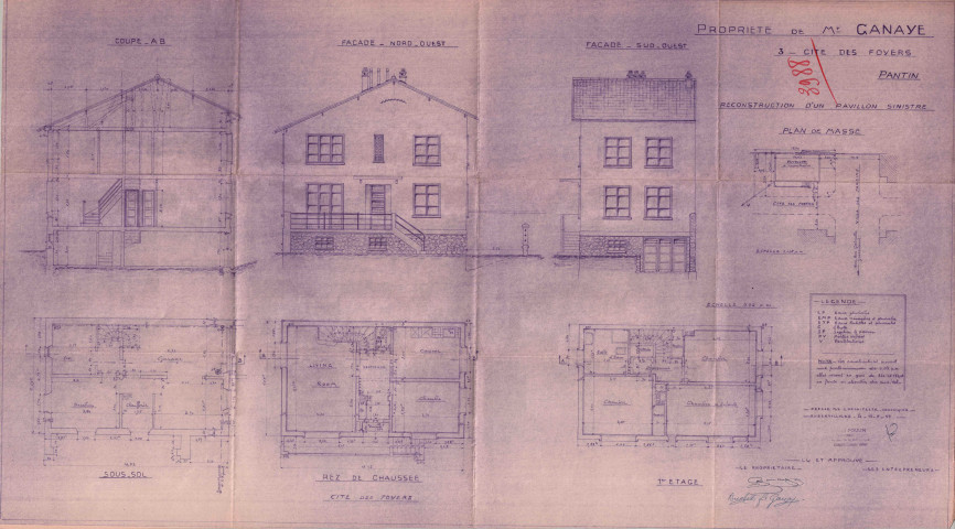 3, cité des Foyers. - Propriété de M. Ganaye, projet de reconstruction d'un pavillon sinistré : plan masse, coupe AB, élévation des façades nord-ouest et sud-ouest, plans du sous-sol, du rez-de-chaussée et du 1er étage.