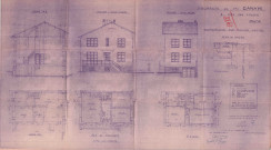 3, cité des Foyers. - Propriété de M. Ganaye, projet de reconstruction d'un pavillon sinistré : plan masse, coupe AB, élévation des façades nord-ouest et sud-ouest, plans du sous-sol, du rez-de-chaussée et du 1er étage.