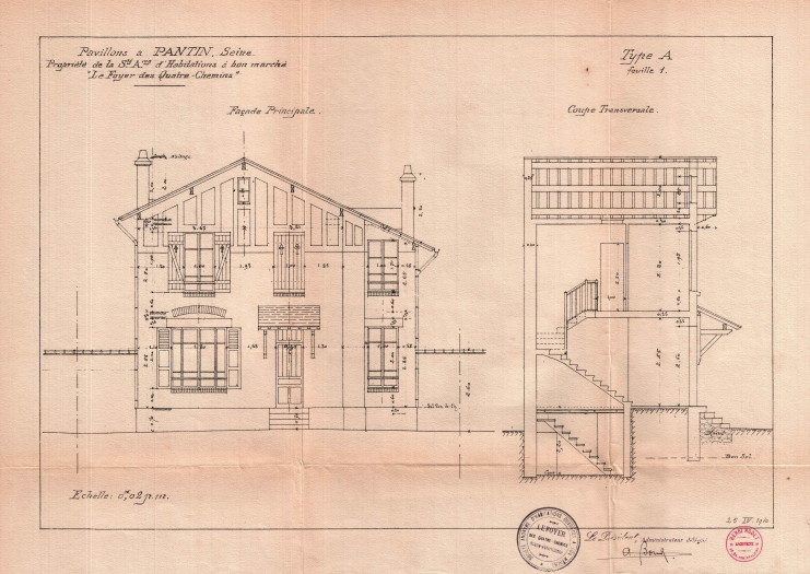 Élévation de façade et coupe d’un pavillon de type B1