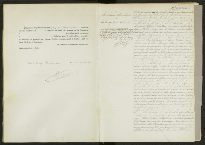 Commune de Pantin : registre des actes de mariage.