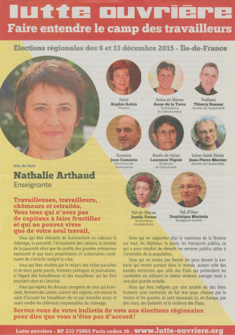 Élections régionales des 6 et 13 décembre 2015. - Premier tour : profession de foi de la liste de Lutte ouvrière.