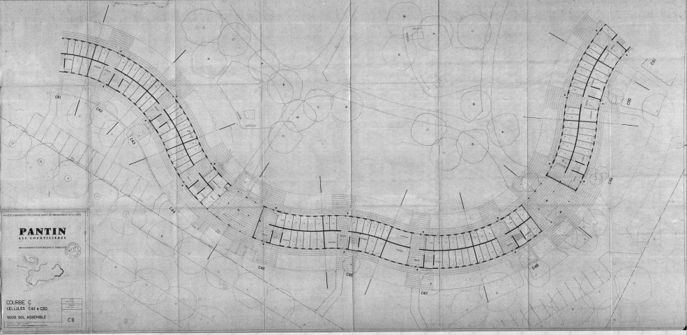 Les Courtillières. - 800 logements économiques et familiaux, projet de construction par la Société immobilière d'économie mixte du département de la Seine : plan du sous-sol de la courbe C du Serpentin (cellules C42-C50).