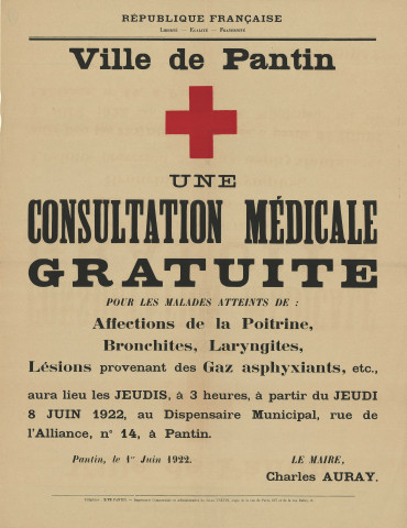 Dispensaire municipal, consultation médicale gratuite : affiche.