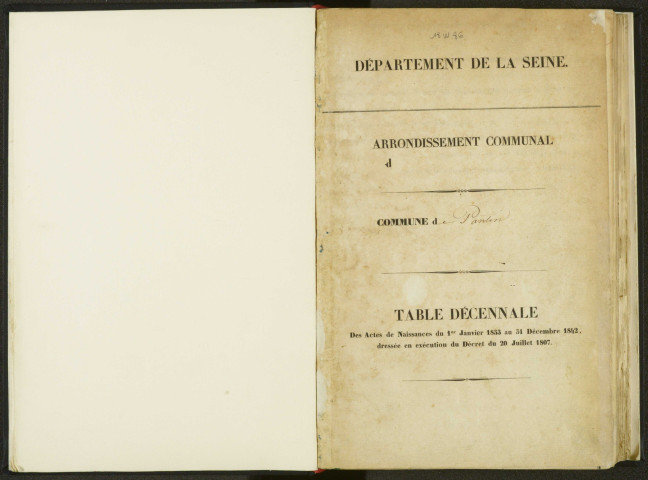 Commune de Pantin : table décennale des naissances, mariages et décès.