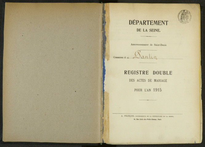 Commune de Pantin : registre des actes de mariage.