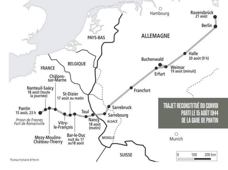 Carte retraçant le trajet du convoi du 15 août 1944