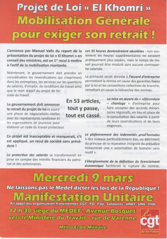 Projet de loi visant à instituer de nouvelles libertés et de nouvelles protections pour les entreprises et les actifs dit « El Khomri ». - Contestation : tract « Mobilisation générale pour exiger son retrait » de l'union régionale Île-de-France de la Confédération générale du travail (CGT).