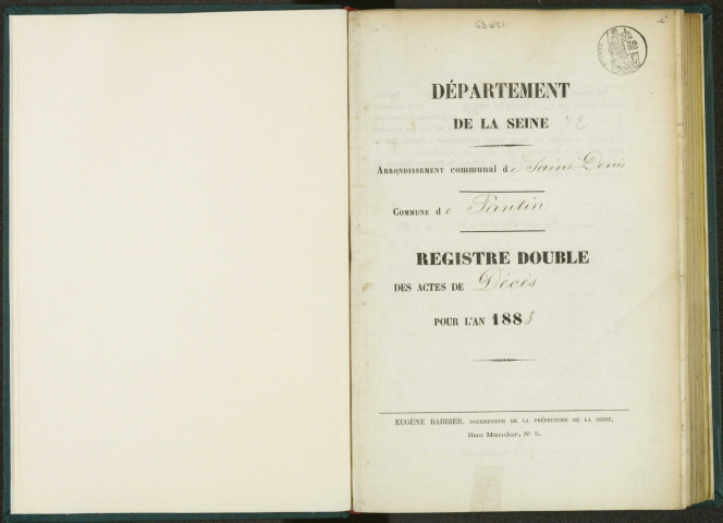 Commune de Pantin : registre des actes de décès.
