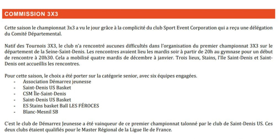 Basket-ball. - Championnat de Seine-Saint-Denis de basket 3x3 : article publié sur le site internet du comité départemental de la Seine-Saint-Denis de la Fédération française de basket-ball (FFBB).