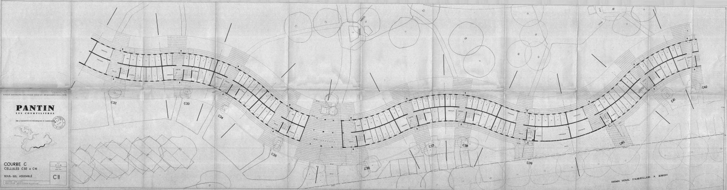 Les Courtillières. - 800 logements économiques et familiaux, projet de construction par la Société immobilière d'économie mixte du département de la Seine : plan du sous-sol de la courbe C du Serpentin (cellules C32-C41).