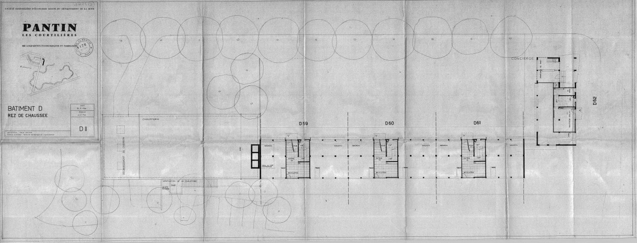 Les Courtillières. - 800 logements économiques et familiaux, projet de construction par la Société immobilière d'économie mixte du département de la Seine : plan du rez-de-chaussée du bâtiment D.