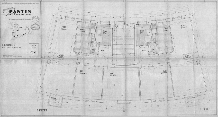 Les Courtillières. - 800 logements économiques et familiaux, projet de construction par la Société immobilière d'économie mixte du département de la Seine : plans de cellule 2-3 pièces dans les courbes du Serpentin.