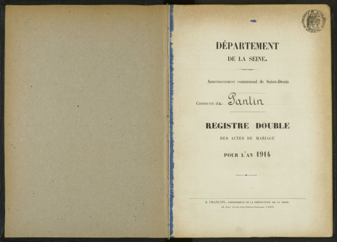 Commune de Pantin : registre des actes de mariage.