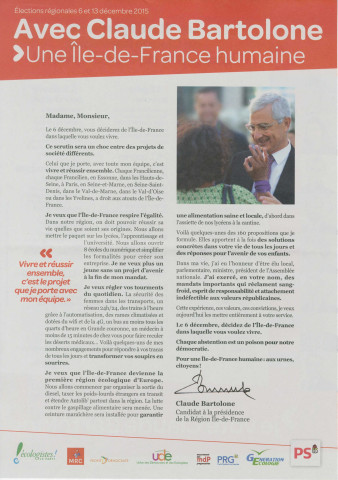 Élections régionales des 6 et 13 décembre 2015. - Premier tour : profession de foi et bulletin de vote de la liste Avec Claude Bartolone une Île-de-France humaine.