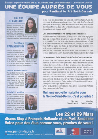 Élections départementales des 22 et 29 mars 2015. - Canton Pantin-Le Pré-Saint-Gervais, premier tour : tract « Battre la gauche c'est possible ! » de Une équipe auprès de vous pour Pantin et le Pré-Saint-Gervais.