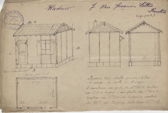 7 rue Jacques-Cottin, projet de construction d'une maison en bois d'une pièce à usage de salle à manger : permis de construire.