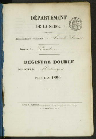 Commune de Pantin : registre des actes de mariage.