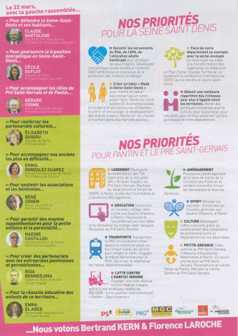 Élections départementales des 22 et 29 mars 2015. - Canton Pantin-Le Pré-Saint-Gervais, premier tour : profession de foi et bulletin de vote de la Gauche rassemblée pour Pantin et le Pré.