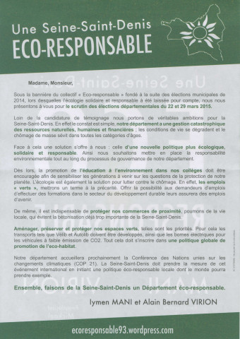 Élections départementales des 22 et 29 mars 2015. - Canton Pantin-Le Pré-Saint-Gervais, premier tour : profession de foi et bulletin de vote d'Une Seine-Saint-Denis éco-responsable.