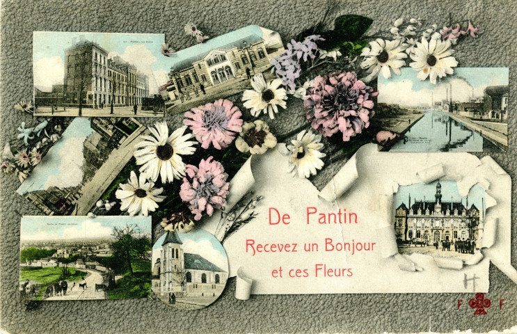 Multi-vues. - Écoles communales [groupe scolaire Sadi-Carnot], salle de conférences, canal, avenue Jean-Jaurès, route de Pantin aux Lilas, église Saint-Germain, hôtel de ville).