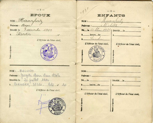 Livret de famille de Roger Hasenfratz et Georgette Baudon.
