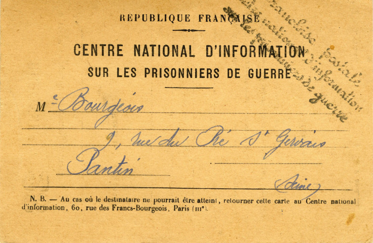 Centre national d'information sur les prisonniers de guerre : réponse à une demande de renseignements sur le soldat Jean-Marie Bourgeois (27 janvier 1941).
