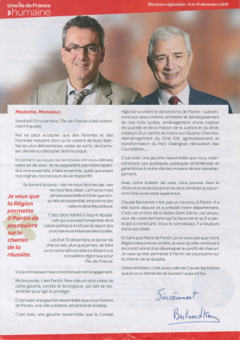 Élections régionales des 6 et 13 décembre 2015. - Premier tour : tract « Je veux que la région permette à Pantin de poursuivre sur le chemin de la réussite » de la liste conduite par Claude Bartolone.