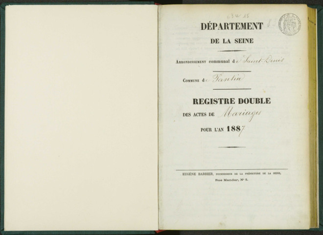 Commune de Pantin : registre des actes de mariage.