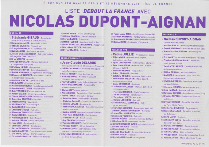 Élections régionales des 6 et 13 décembre 2015. - Premier tour : profession de foi et bulletin de vote de la liste Debout la France.
