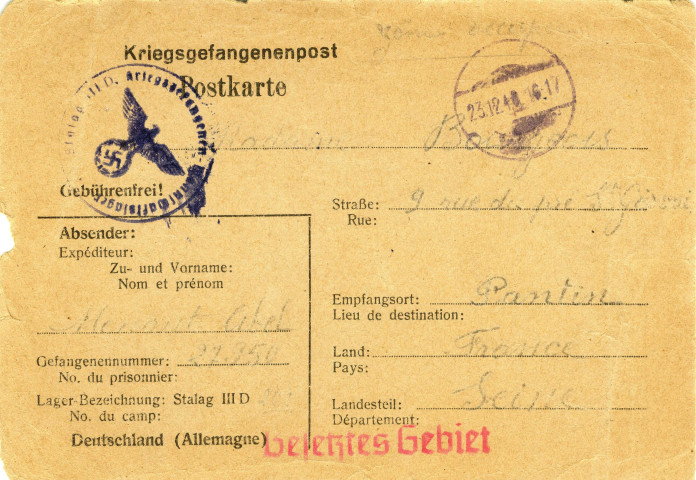Correspondance entre Jean-Marie Bourgeois, prisonnier de guerre, sa mère Anne et sa sœur Ernestine (23 juillet 1940, 9 janvier et 14 avril 1941, 9 janvier, 19 novembre et 3 décembre 1944). Correspondance entre Abel [nom inconnu] et Anne Bourgeois (23 décembre 1940 et 25 février 1941). Avis relatif aux règles d'envoi à respecter (s.d.).