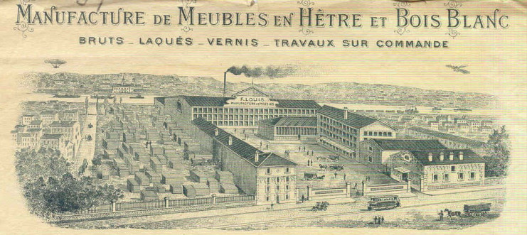 Détail d’un papier à en-tête de la manufacture Frédéric Louis, sur lequel on aperçoit le canal à l’arrière-plan