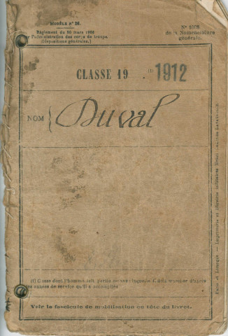 Livret militaire de Lucien Duval, canonnier au 32e régiment d'artillerie.