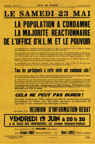 « La population a condamné la majorité réactionnaire de l'office dHLM et le pouvoir », manifestation le samedi 23 mai : affiche.