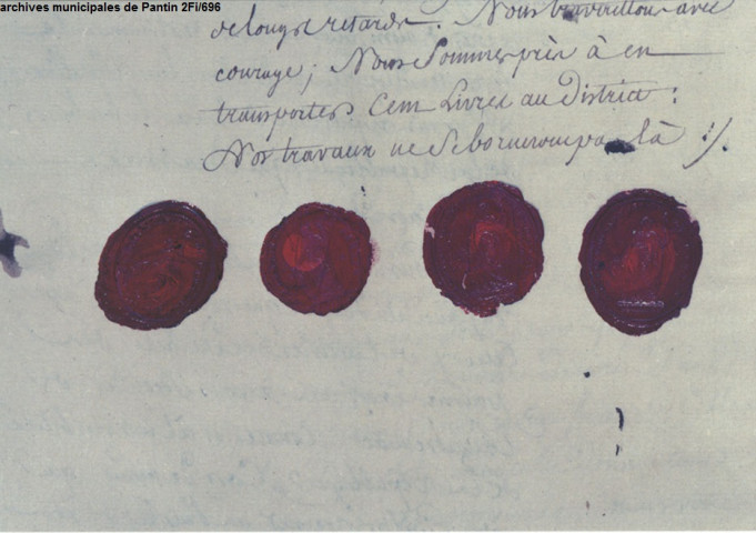 Sceaux sur une lettre de la municipalité de Pantin soutenant la Convention, le 21 mars 1794.