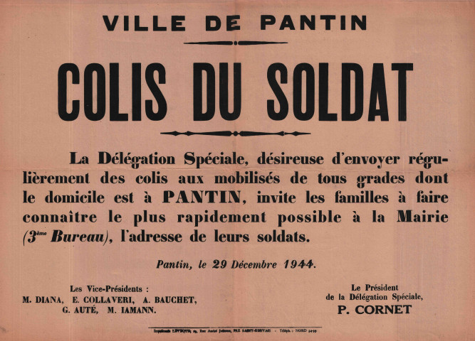 « Colis du soldat, appel aux familles pour qu'elles communiquent l'adresse de leurs soldats » : affiche.