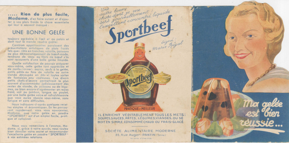 Gelée en poudre "Sportbeef" produite par la Société alimentaire moderne sise 35 rue Auger à Pantin : dépliant publicitaire cartonné.