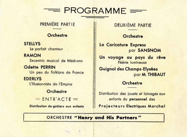 Fête artistique et enfantine organisée par les sections syndicales de Marchal au cinéma du Casino du Parc sis 96 rue de Paris [actuelle avenue Jean-Lolive] : invitation et programme.