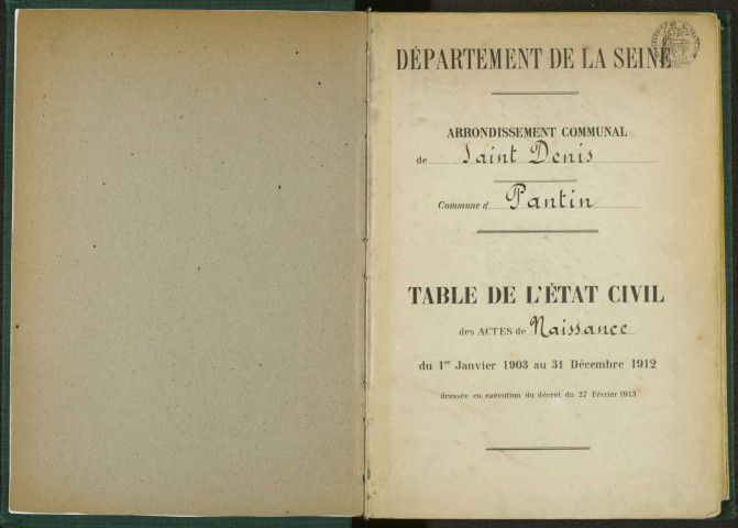 Commune de Pantin : table décennale des naissances et mariages.