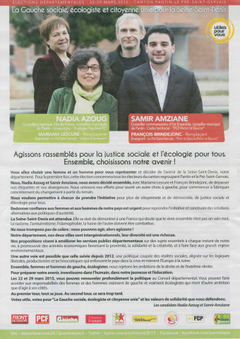Élections départementales des 22 et 29 mars 2015. - Canton Pantin-Le Pré-Saint-Gervais, premier tour : profession de foi et bulletin de vote de la Gauche sociale, écologiste et citoyenne unie pour la Seine-Saint-Denis.