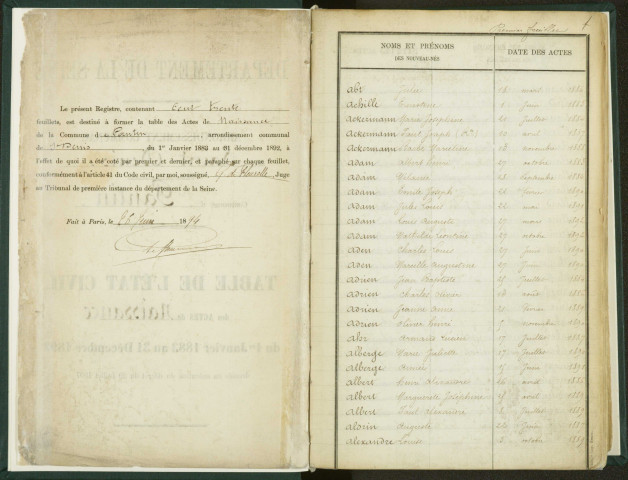 Commune de Pantin : table décennale des naissances et mariages.