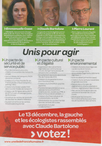 Élections régionales des 6 et 13 décembre 2015. - Second tour : profession de foi et bulletin de vote de la liste La gauche et les écologistes rassemblés avec Claude Bartolone.