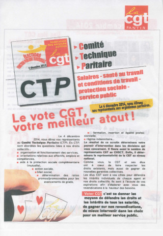 Élections professionnelles du 4 décembre 2014 dans la fonction publique territoriale. - Confédération générale du travail (CGT) et Union générale des ingénieurs, cadres et techniciens (UGICT) Territoriaux de Pantin : tract « Le vote CGT, votre meilleur atout ! ».