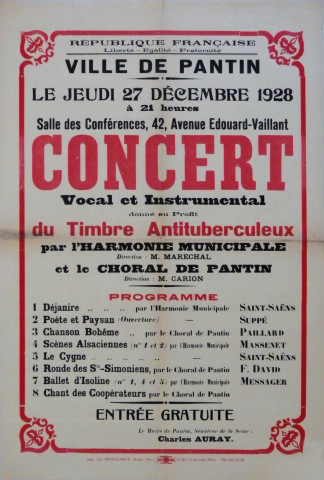 Concert vocal et instrumental donné au profit du timbre antituberculeux : affiche.