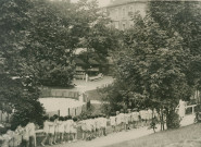 École de Plein-Air, enfants alignés le long d'une rambarde : photographie noir et blanc.