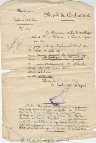 Déchéance de Lucien Duval père au droit au pécule de son fils : extrait des minutes du greffe du tribunal civil de première instance du département de la Seine, notification.