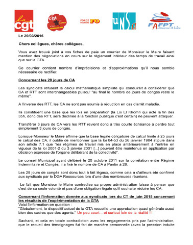 Règlement intérieur du temps de travail et gestion des temps automatisée (GTA) : tract de l'intersyndicale des territoriaux de Pantin.