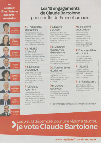 Élections régionales des 6 et 13 décembre 2015. - Premier tour : profession de foi et bulletin de vote de la liste Avec Claude Bartolone une Île-de-France humaine.