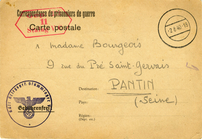 Correspondance entre Jean-Marie Bourgeois, prisonnier de guerre, sa mère Anne et sa sœur Ernestine (23 juillet 1940, 9 janvier et 14 avril 1941, 9 janvier, 19 novembre et 3 décembre 1944). Correspondance entre Abel [nom inconnu] et Anne Bourgeois (23 décembre 1940 et 25 février 1941). Avis relatif aux règles d'envoi à respecter (s.d.).