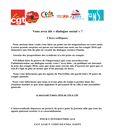 « Vous avez dit dialogue social ? » : tract de l'intersyndicale des territoriaux de Pantin.